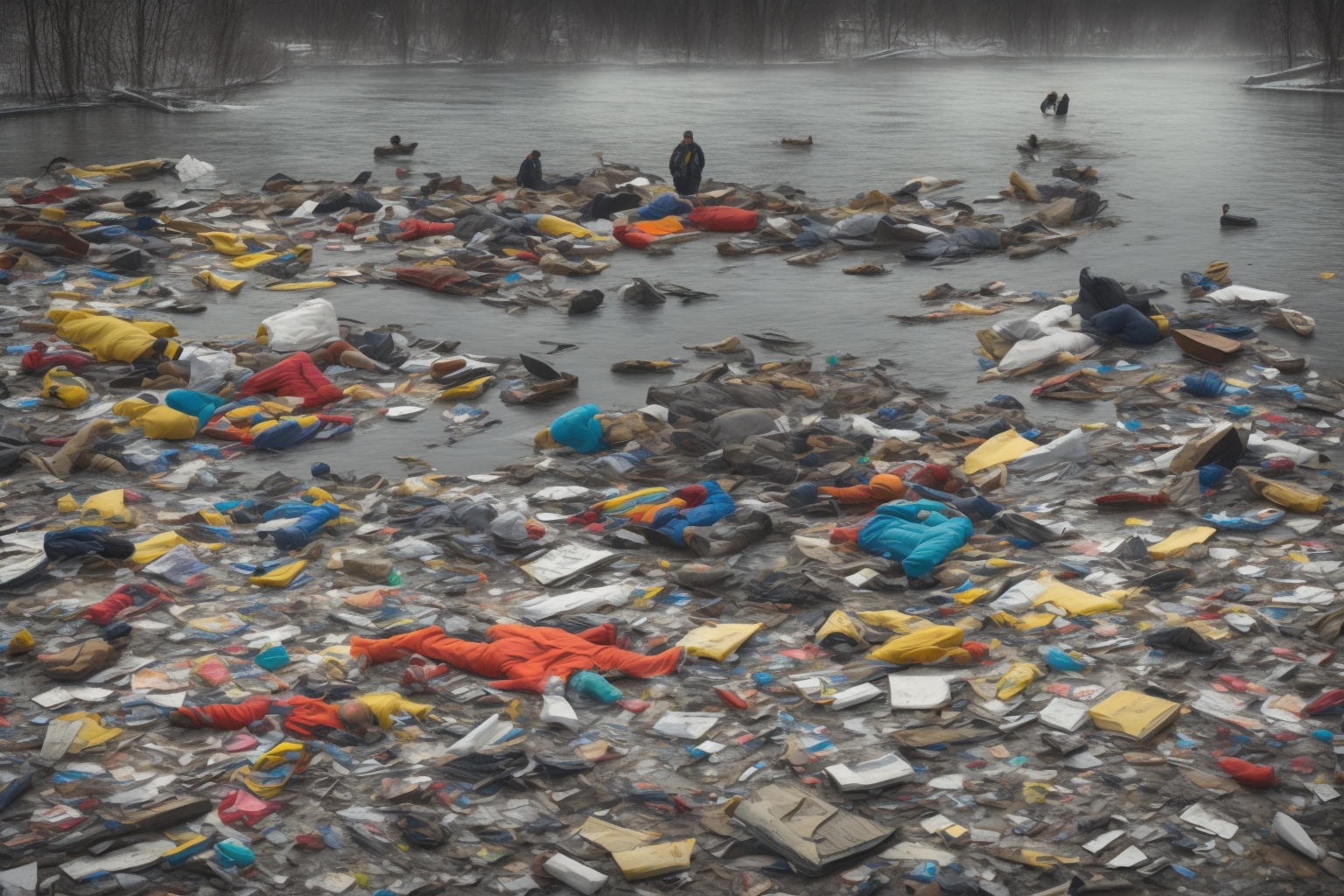 AI illustration of This winter, 60 Ukrainians have drowned in icy waterways, as reported by the State Emergency Service, marking a seriou...