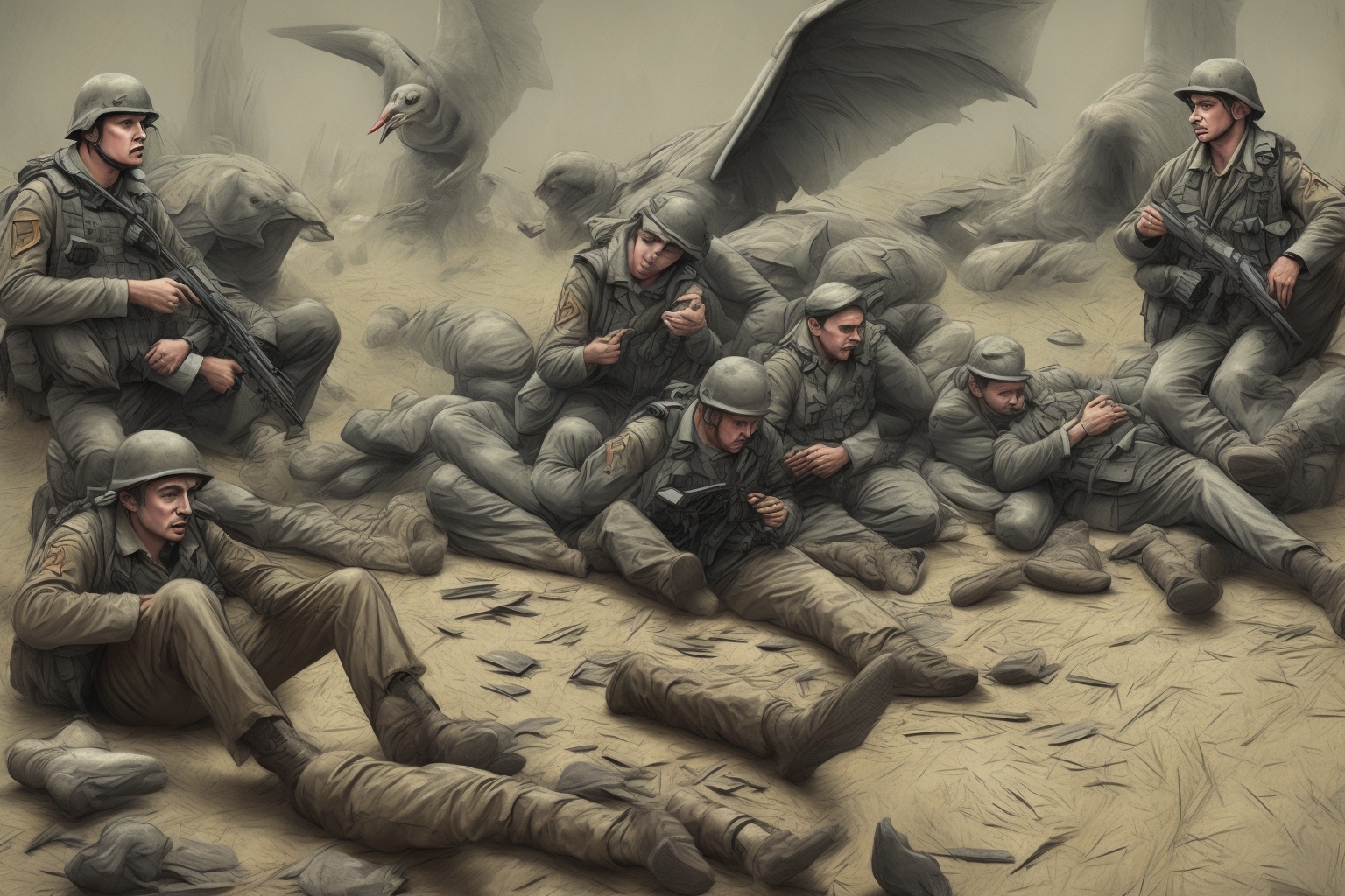 AI illustration of 'Birds in the Dark' showcases military experiences through horror, reflecting the realities of conflict. It includes c...