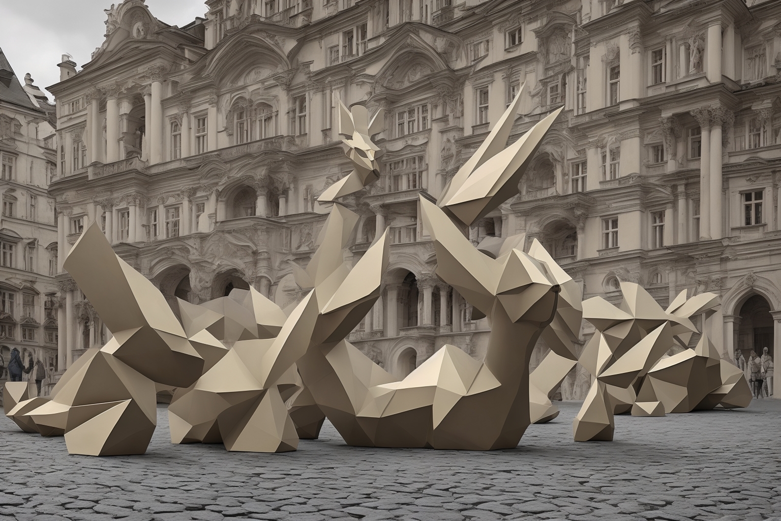 AI illustration of The unveiling of 'Origami-Deer' in Prague highlights Ukrainian art amid ongoing conflict. The sculpture will journey t...